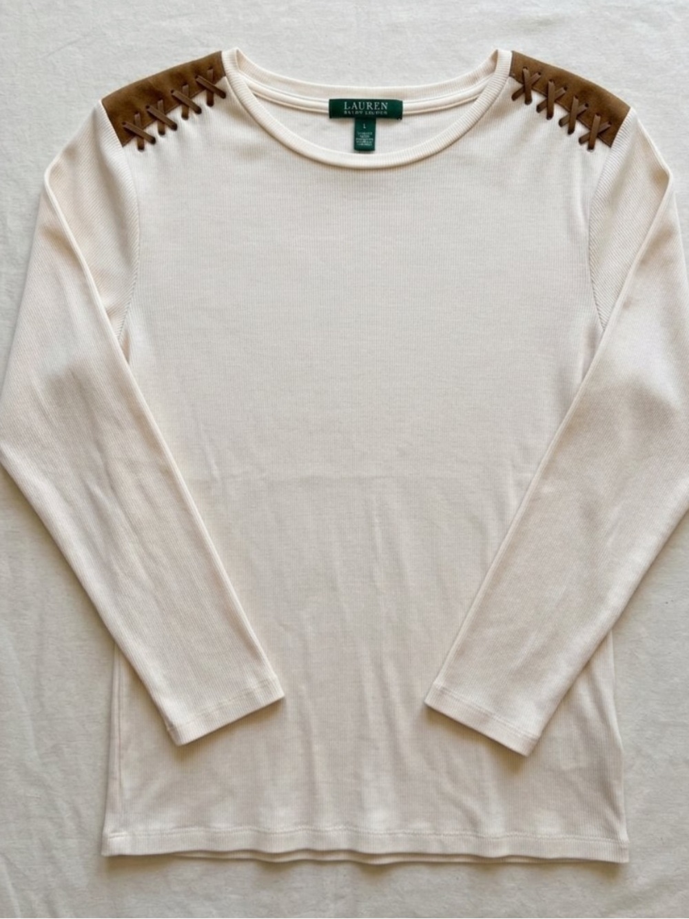 Ralph Lauren cotton cream ribbed long sleeve suede  appliqué western tee
